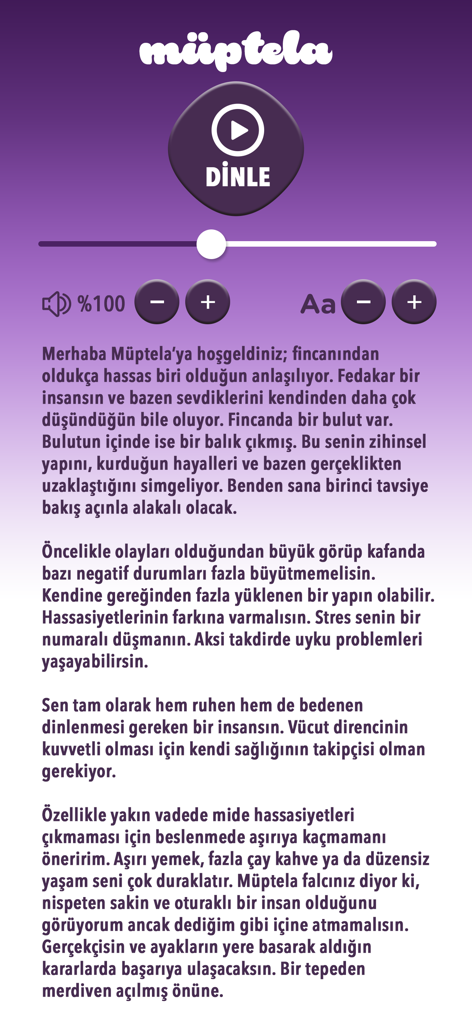 Müptela - Kahve Falı, Tarot - Muptelaアプリの画面。書かれたコーヒー占いの結果と、音声再生用の大きな再生ボタン、テキストコントロールが表示されています。