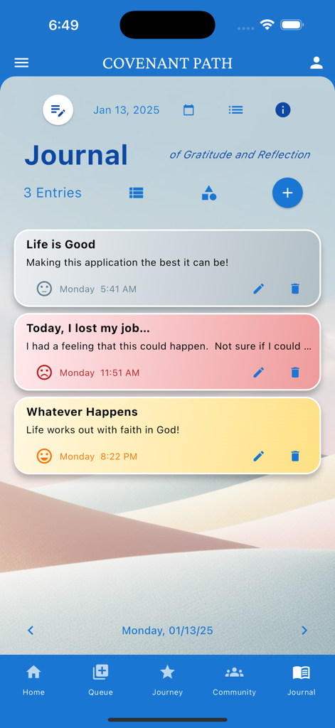 Covenant Path - Covenant Path app journal screen showing daily entries and mood tracking