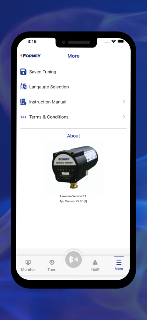 Forney PRO - Forney PRO app More menu screen showing settings and information about the Forney HD Flame Detector hardware.