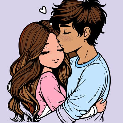a realistic couple boy and girl hugging and kissing