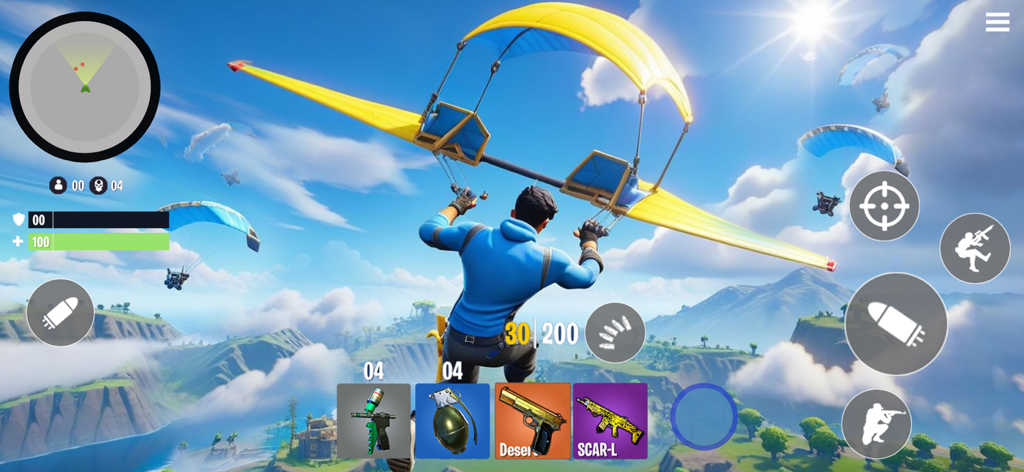Clash Squads Battle Royale 3D - A player paragliding onto a tropical island in the Clash Squads Battle Royale 3D mobile game interface.
