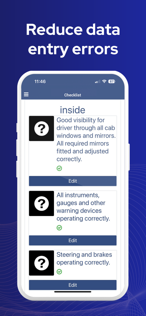 Transpoco Driver mobile App, die eine Checkliste für die Fahrzeugbegehung für Fahrer anzeigt.