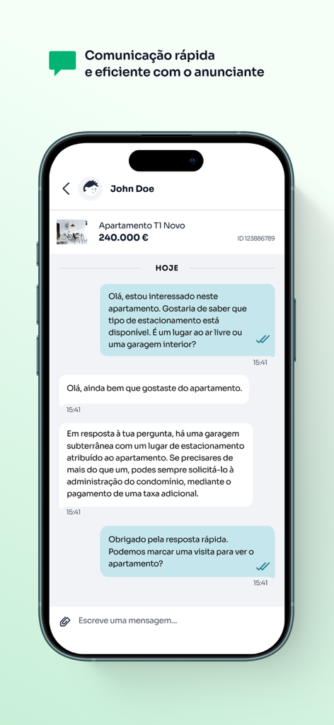 Interfaz de mensajería para comunicación directa con anunciantes inmobiliarios.