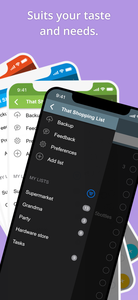That Shopping List - That Shopping List app interface showing multiple list categories and dark mode theme options