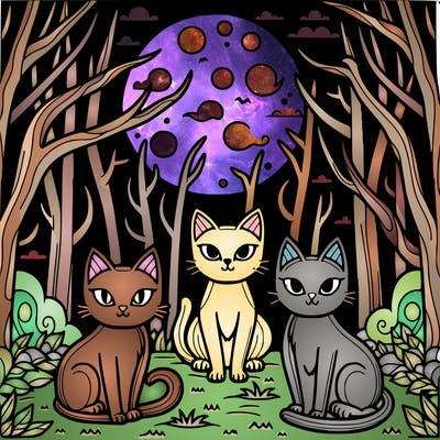 ominous cats in the forest with a full moon