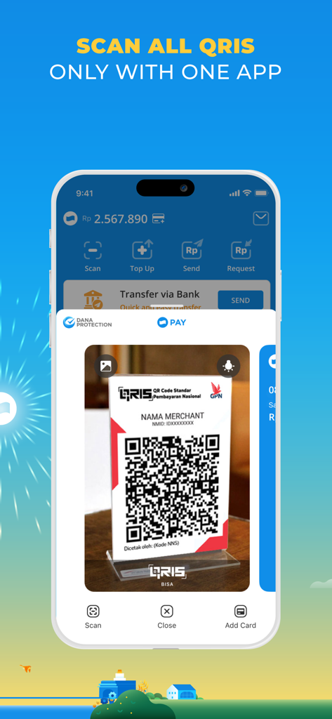 DANA Dompet Digital Indonesia - Escaneando um código QRIS para pagamento usando o aplicativo de carteira digital DANA