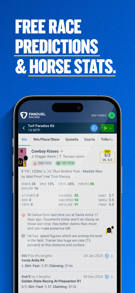 FanDuel Racing - Bet on Horses - FanDuel Racing 모바일 앱 인터페이스에 상세한 말 통계 및 전문가 경주 예측 표시