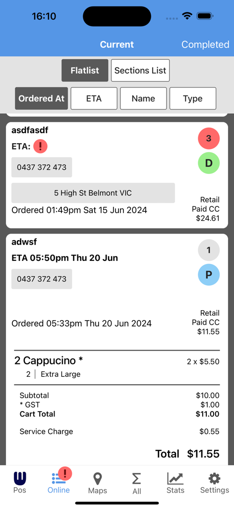 Whoods - Whoods app interface displaying a list of active online orders with customer details and payment summaries.
