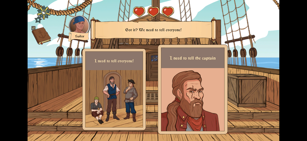 Choice of Life Wild Islands - Pantalla de juego de Choice of Life Wild Islands mostrando una decisión narrativa basada en cartas en la cubierta de un barco entre hablar con la tripulación o con el capitán.