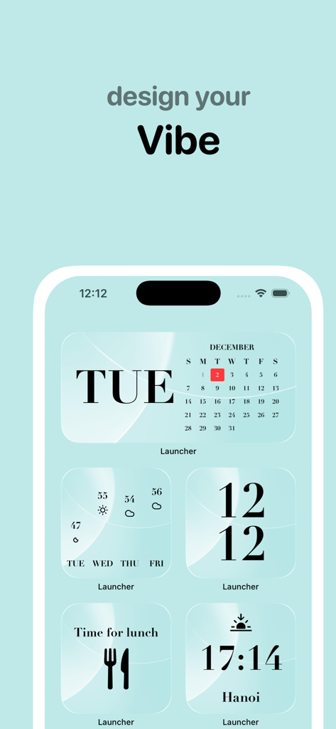 Aesthetic iOS home screen with minimalist calendar weather and clock widgets designed by Magic Launcher Pro.