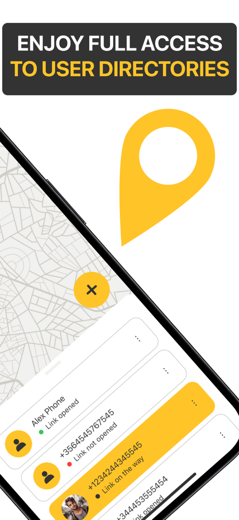 Parental Control: Family Link - Mobile app screen showing a user directory with real-time location status and a map interface.