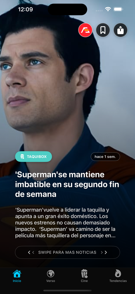Cineverso - Cineverso app interface showing a news article about the Superman movie box office performance