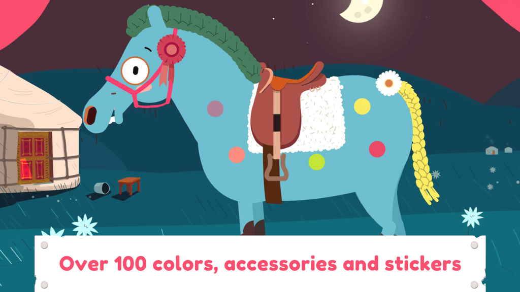 Pony Style Box - A decorated blue pony with a saddle and colorful stickers under a crescent moon