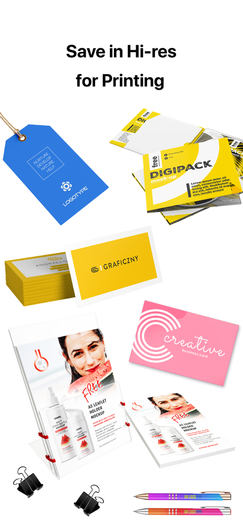 Create Flyers & Logos - Maker - A collection of high-resolution printed marketing materials including business cards, flyers, and labels created with the app.