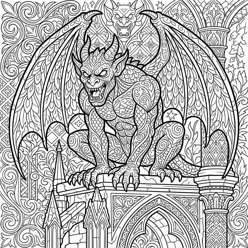 Dive into the world of mythical guardians with this stunning gargoyle coloring page. Featuring a fierce, horned creature atop a gothic facade, it promises an engaging and detailed coloring adventure for all ages.