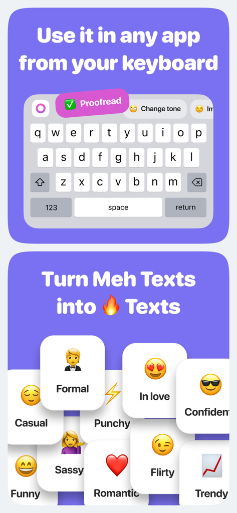 TextAI - AI Texting Assistant - TextAI mobile keyboard interface with proofreading tool and different text tone options like formal and flirty