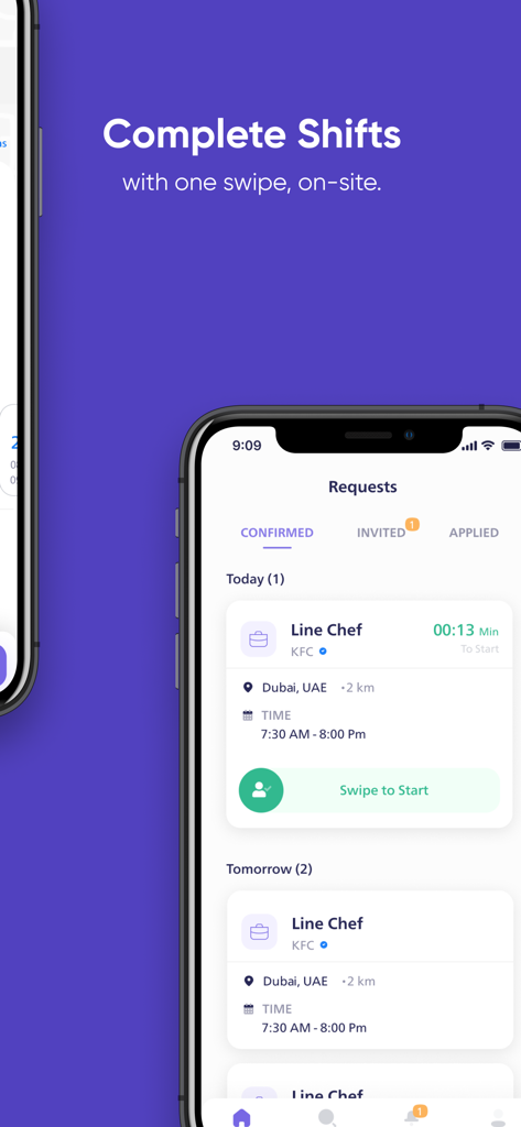 Ogram - Find Part Time Jobs - Ogram app interface showing a confirmed shift with a swipe to start button.