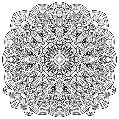Embark on an eerie artistic journey with this captivating Horror Mummy Mandala. Its intricate design, filled with reanimated ancient spirits, offers a unique and thrilling coloring experience for enthusiasts.
