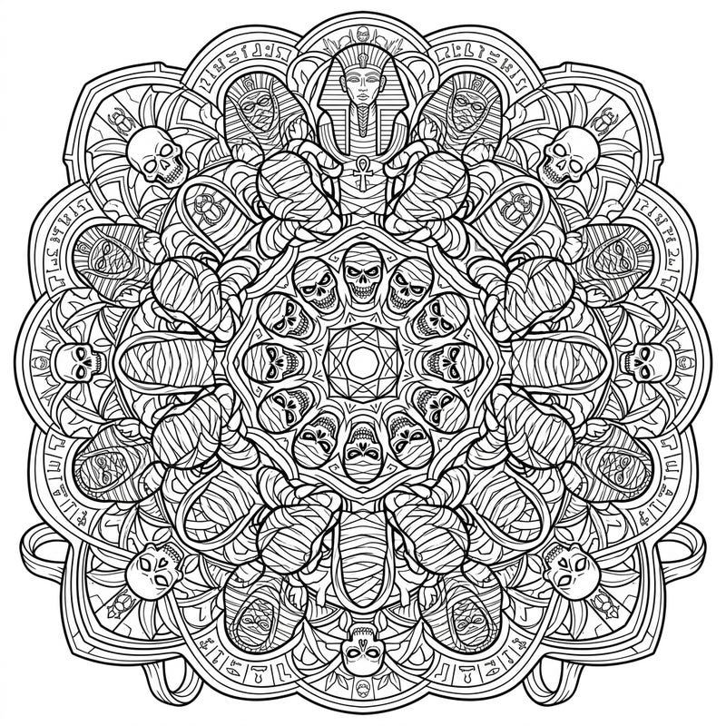 Embark on an eerie artistic journey with this captivating Horror Mummy Mandala. Its intricate design, filled with reanimated ancient spirits, offers a unique and thrilling coloring experience for enthusiasts.