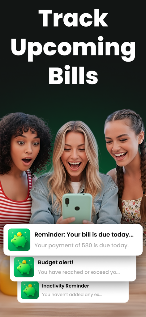 Budget Planner: Money Manager - Young women looking at bill reminders and budget alerts on a smartphone