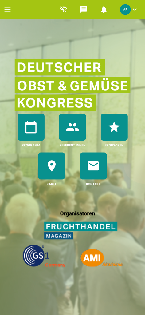 DOGK Event App - Home screen of the DOGK Event App featuring navigation icons for program, speakers, and sponsors of the German Fruit and Vegetable Congress.