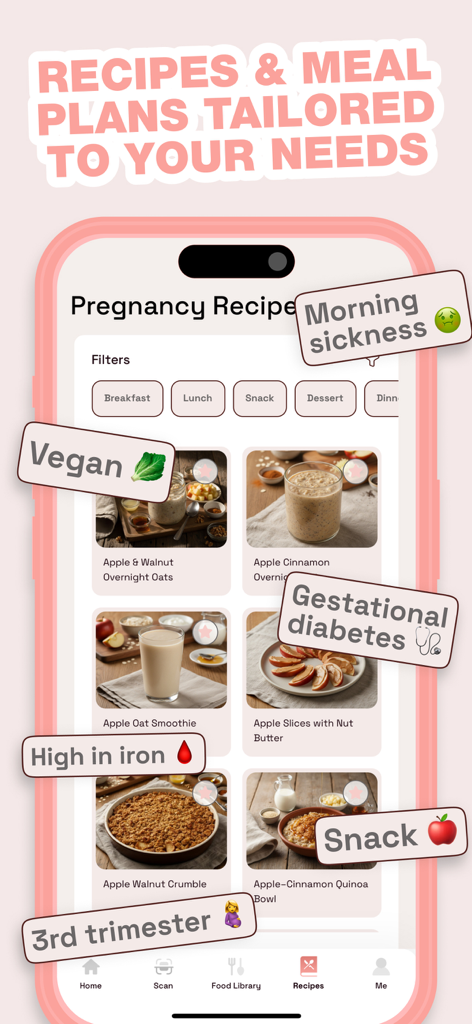 Pregnancy AI Food Companion - Interface da aplicação de gravidez mostrando receitas personalizadas para enjoos matinais, diabetes gestacional e dietas veganas