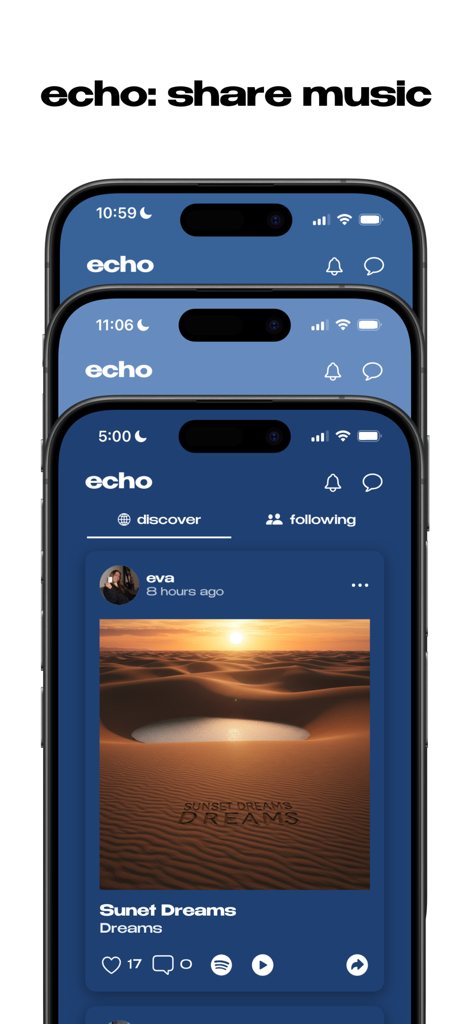 echo: share music - Interface of the Echo music sharing app showing a social discovery feed with song posts and Spotify integration