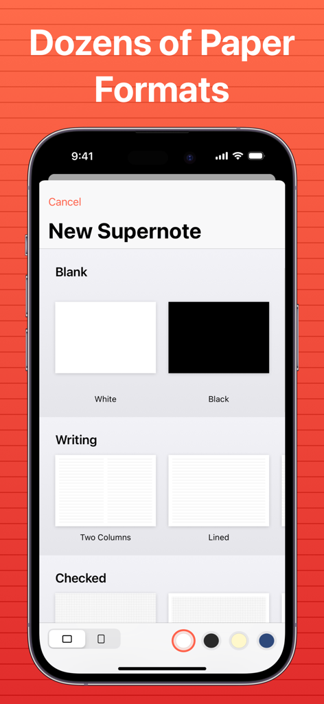 SuperNotes Note Taking App - Selection menu of digital paper formats including blank and lined templates in the SuperNotes app