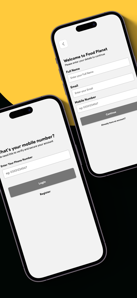 Food Planet Pk - Login and registration screens for the Food Planet Pk mobile app