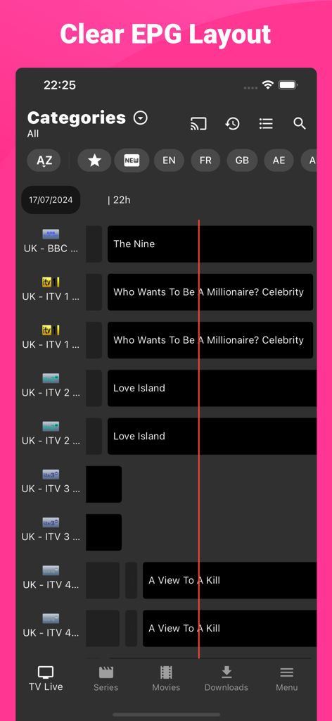 Disposition EPG claire d'IPTV Smarters Player Expert montrant les listes de télévision en direct et les catégories en mode sombre.
