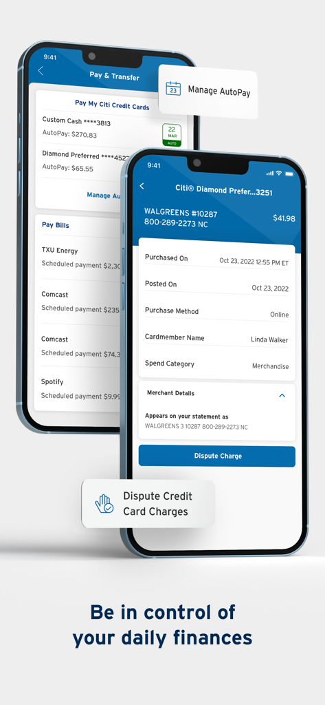 Citi Mobile app screens showing bill payment management and credit card transaction dispute features