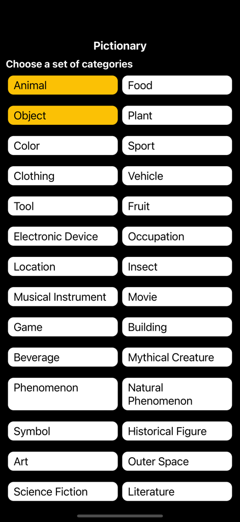 Pictionary Lite - A list of word categories in the Pictionary Lite app with Animal and Object selected.