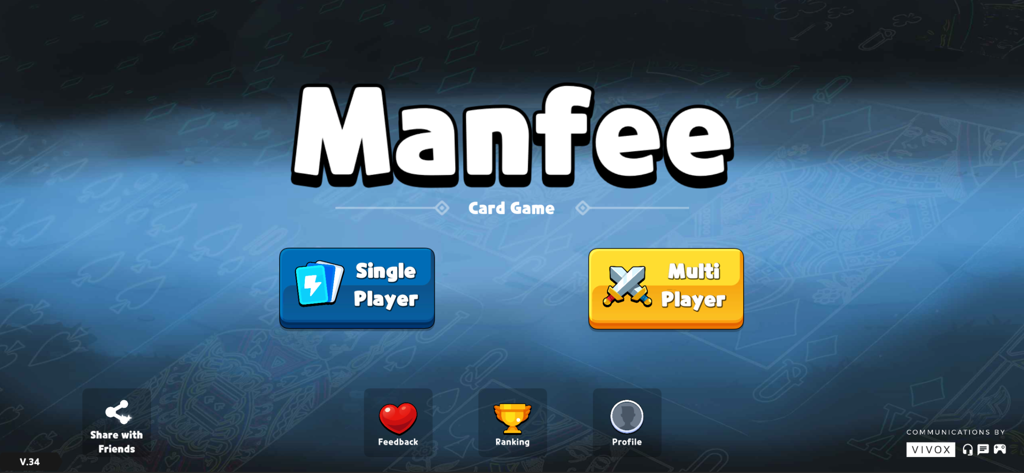 Menu principal de l'application de jeu de cartes Manfee avec des options pour les modes solo et multijoueur