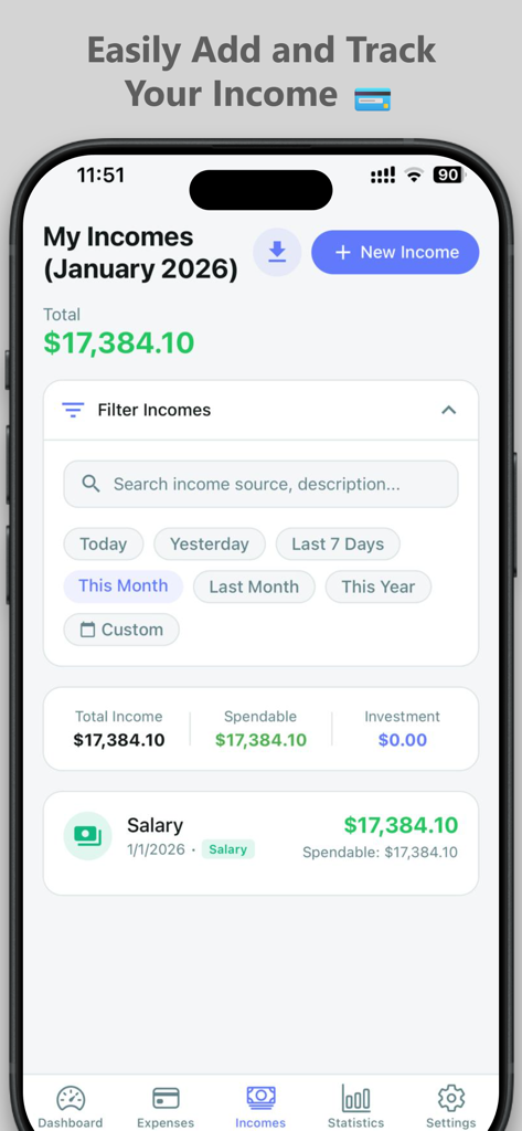 Expense Tracker – Daily Budget - Pantalla de gestión de ingresos de la aplicación Seguimiento de Gastos que muestra los ingresos mensuales y los registros salariales.