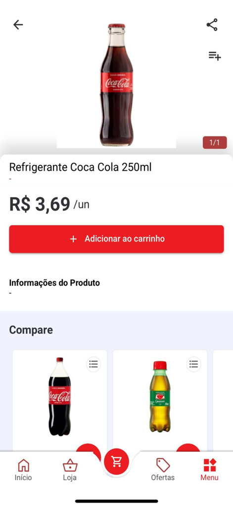 Stok Online - Product detail screen in the Stok Online app for a 250ml bottle of Coca-Cola showing price and add to cart button.