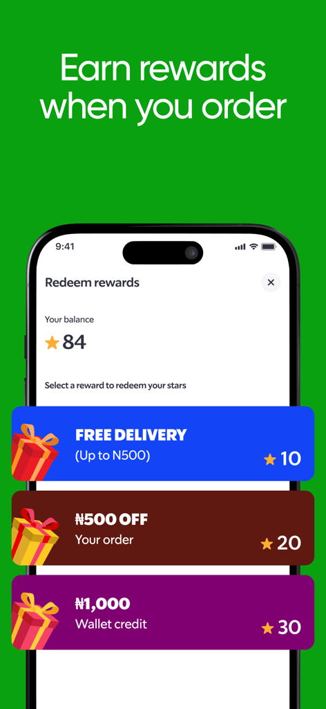 Heyfood - Food Delivery - Tela do aplicativo Heyfood mostrando o saldo de recompensas e opções para resgatar estrelas para entrega grátis e descontos em pedidos.