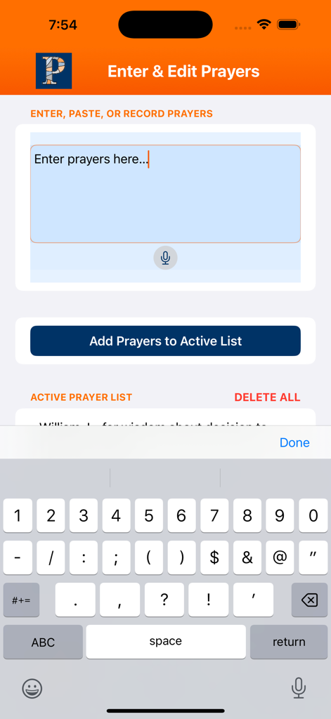 PrayerPoint: Prayer List - Interface of the PrayerPoint app showing the text entry screen for adding and editing prayer requests