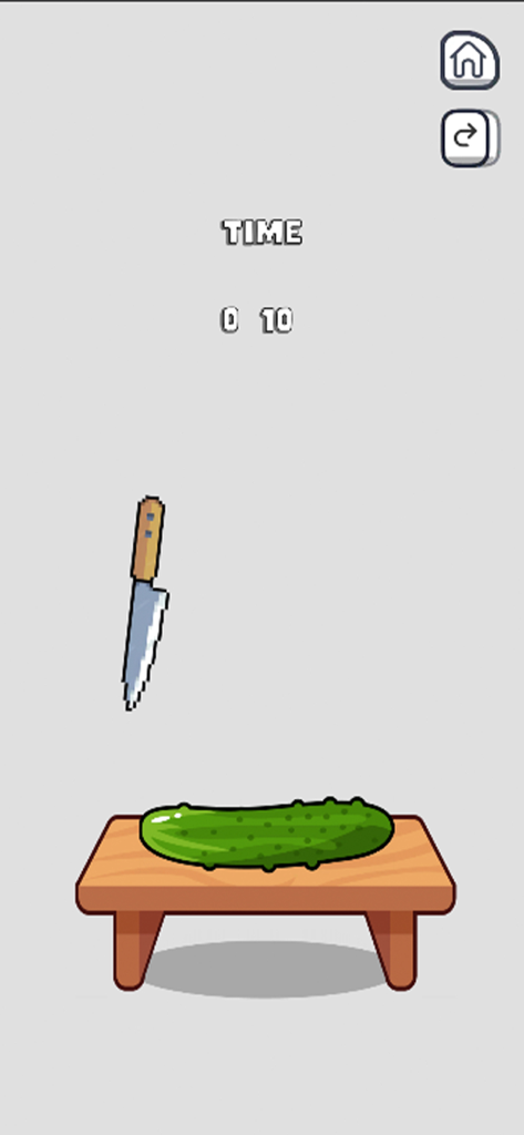 A knife cutting a green cucumber on a wooden board in a mobile game challenge