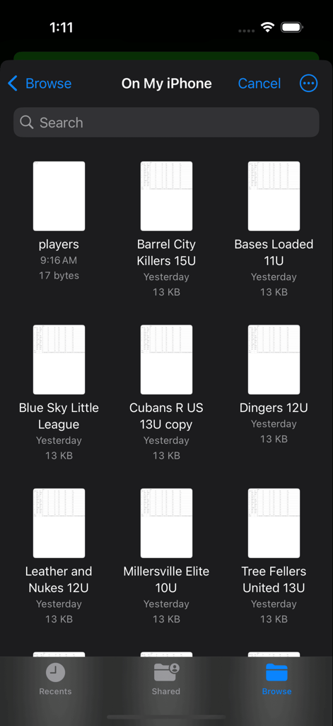 The Depth Chart King - Screen showing baseball team roster CSV files ready for import