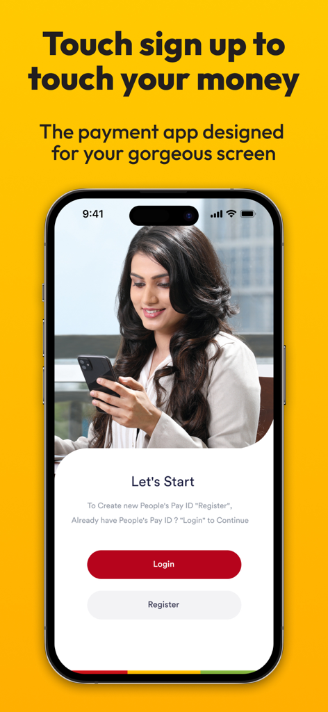 People's Pay - People's Pay Mobile-Banking-App Onboarding-Bildschirm mit Anmelde- und Registrierungs-Buttons