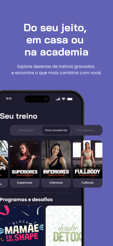 Academia Foguete app interface showing workout plans for home and gym including upper body and full body options