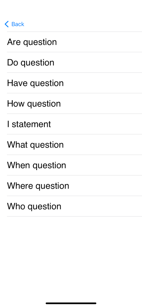 Una lista de categorías de frases en idioma navajo que incluyen varios tipos de preguntas y declaraciones