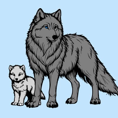a realistic wolf with a baby wolf