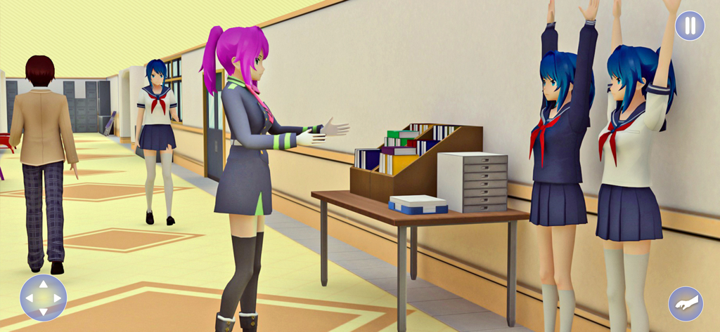 Anime School Teacher Sim Games - Ein Anime-Lehrer unterrichtet Schüler mit erhobenen Händen in einem Korridor.