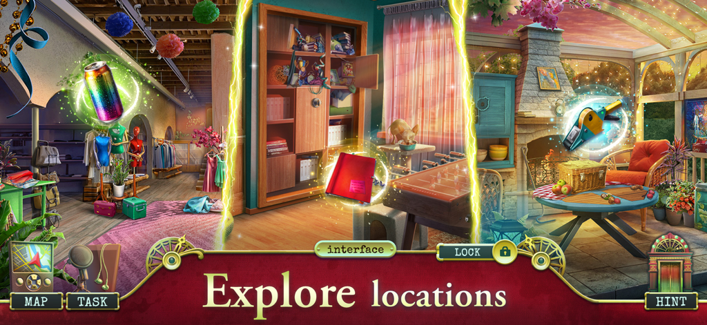 여기서 일어난 일 4 범죄 게임에서 찾을 수 있는 다양한 방과 숨겨진 개체를 보여주는 미스터리 장면 모음.