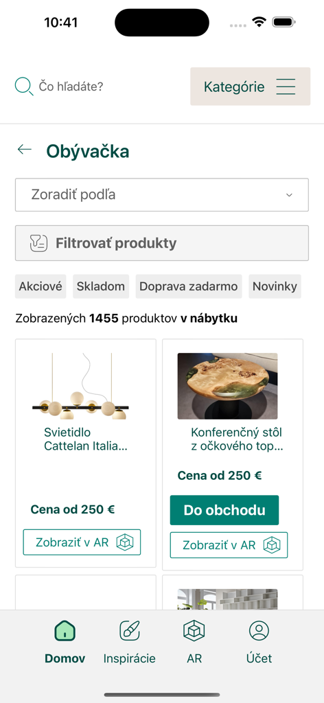 Screenshot of the Virtual Dom app showing a furniture catalog for the living room with AR visualization options