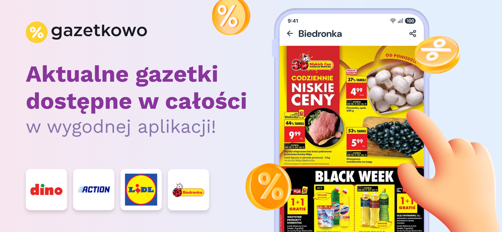 Gazetkowo - gazetki sklepowe - The Gazetkowo app interface displaying digital shopping leaflets from stores like Biedronka and Lidl on a smartphone.