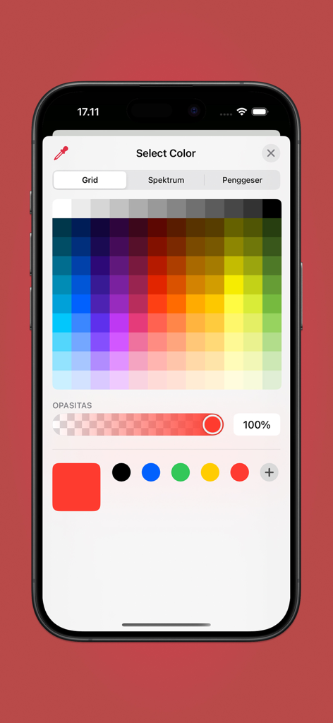 School Timetable & Task - iPhone screen showing a color selection interface with a grid of colors and opacity slider for customizing tasks and schedules.