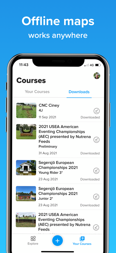 CrossCountry 2 - Interface of CrossCountry 2 app showing a list of downloaded equestrian eventing courses for offline use.
