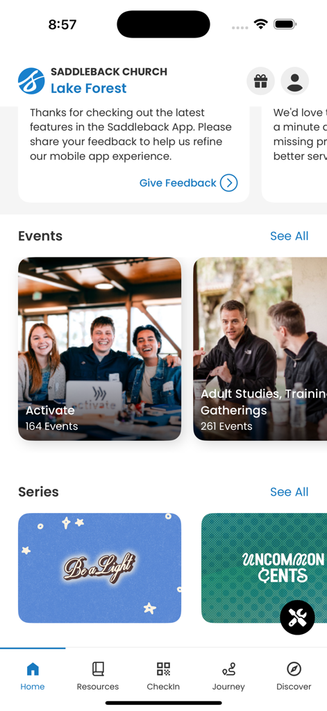 Saddleback App - Saddleback Church mobile app home screen showing church events and message series